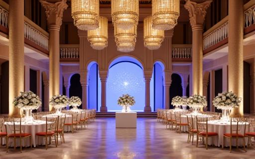 An elegant corporate event setup within one of the grand halls of Qasr Al Watan.